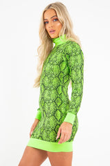 Lime Snake Print Roll Neck Mini Jumper Dress - Azani-Dresses