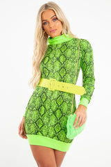 Lime Snake Print Roll Neck Mini Jumper Dress - Azani-Dresses