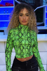 Lime Snake Print Roll Neck Top - Helina-Tops