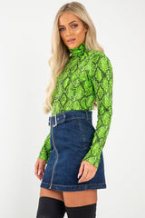 Lime Snake Print Roll Neck Top - Helina-Tops