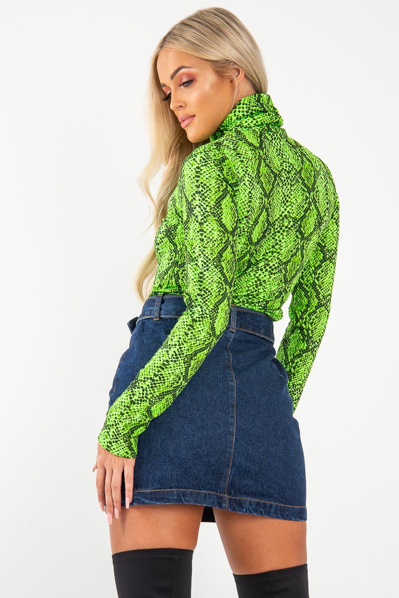 Lime Snake Print Roll Neck Top - Helina-Tops