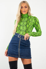 Lime Snake Print Roll Neck Top - Helina-Tops