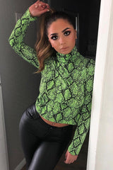 Lime Snake Print Roll Neck Top - Helina-Tops