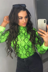 Lime Snake Print Roll Neck Top - Helina-Tops