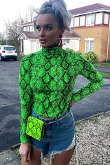 Lime Snake Print Roll Neck Top - Helina-Tops