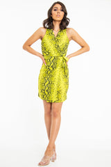 Lime Snake Print Wrap Tie Front Sleeveless Dress - Jayde-Dresses