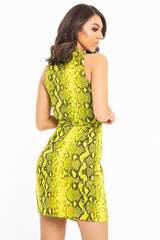 Lime Snake Print Wrap Tie Front Sleeveless Dress - Jayde-Dresses
