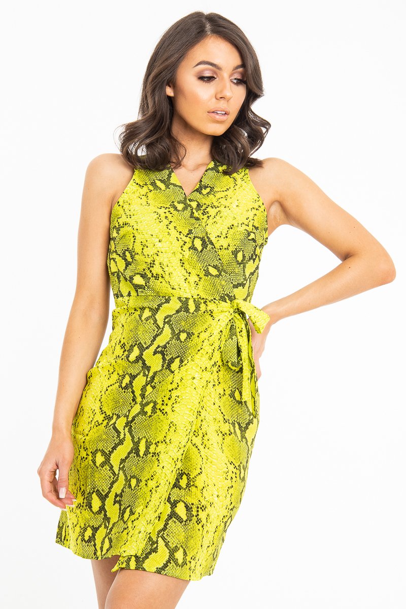 Lime Snake Print Wrap Tie Front Sleeveless Dress - Jayde-Dresses