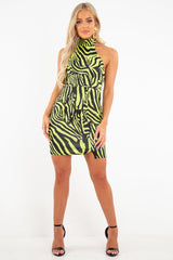 Lime Tiger Print Scuba High Neck Mini Dress - Ellisa-Dresses