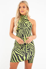Lime Tiger Print Scuba High Neck Mini Dress - Ellisa-Dresses