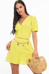 Lime Woven Plunge Button Front Mini Dress - Alyx-Dresses