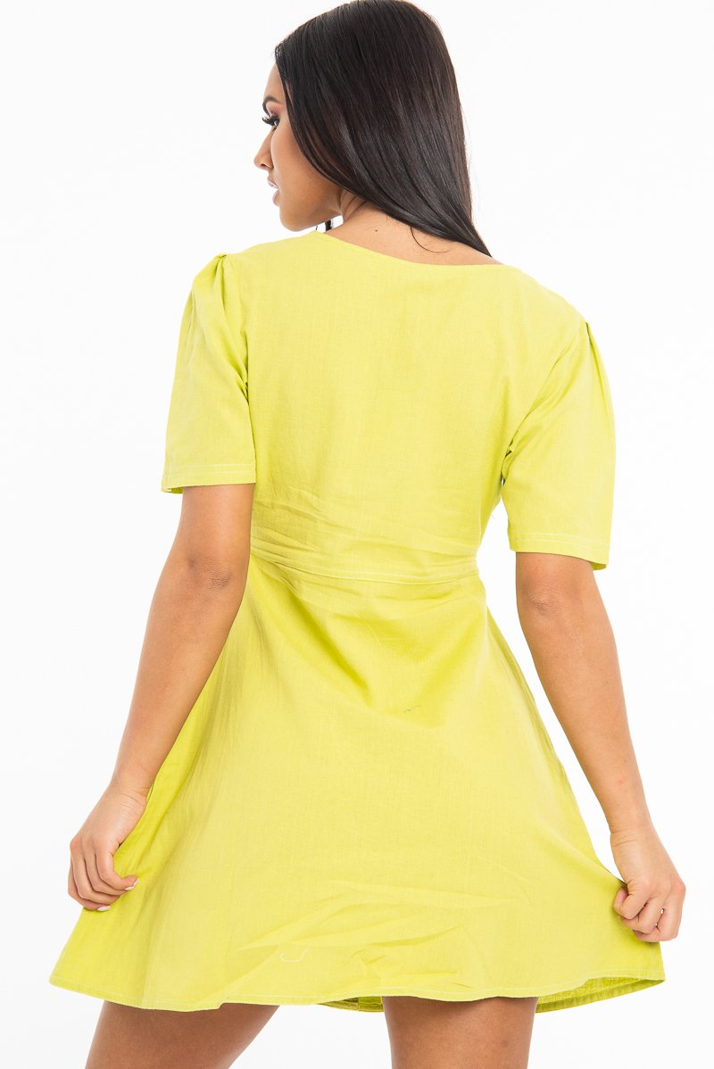 Lime Woven Plunge Button Front Mini Dress - Alyx-Dresses