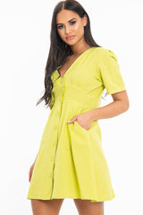 Lime Woven Plunge Button Front Mini Dress - Alyx-Dresses