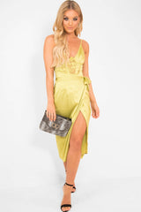 Lime Wrap Tie Side Satin Midi Skirt - Mailah-Skirts