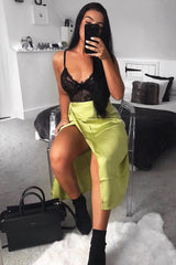 Lime Wrap Tie Side Satin Midi Skirt - Mailah-Skirts