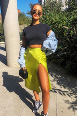 Lime Wrap Tie Side Satin Midi Skirt - Mailah-Skirts