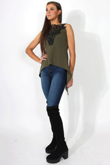 Limu Khaki Mesh Dropped Hem Top-Tops