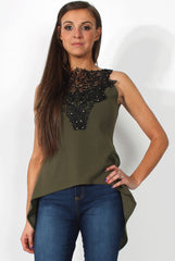 Limu Khaki Mesh Dropped Hem Top-Tops