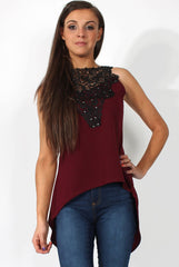 Limu Wine Mesh Dropped Hem Top-Tops