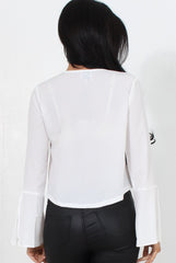 Linn White Bell Sleeve Tie Crop Top-Crop Tops