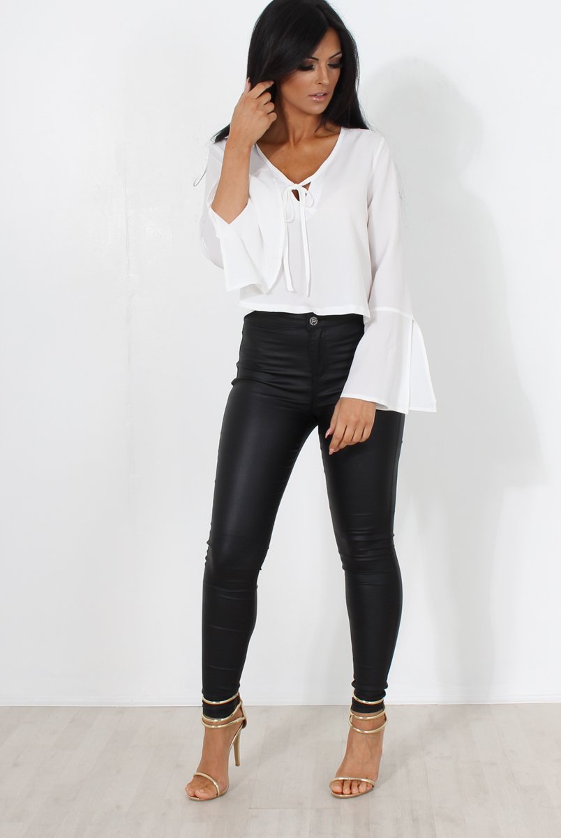 Linn White Bell Sleeve Tie Crop Top-Crop Tops