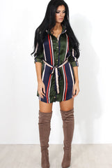Lizzy Khaki Striped Shirt Dress-Dresses