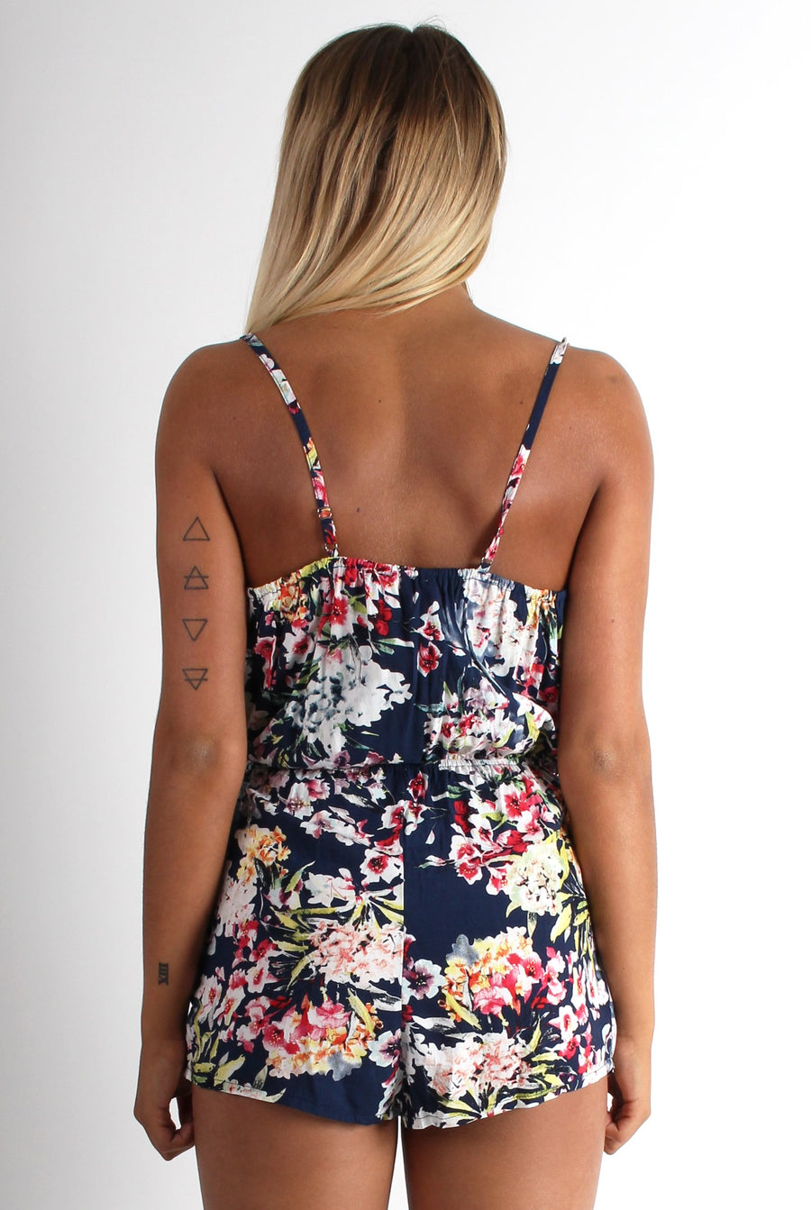 Lolly Navy Floral V Front Playsuit-Playsuits
