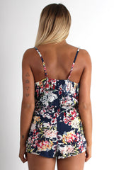 Lolly Navy Floral V Front Playsuit-Playsuits