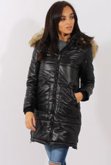 Long Black Quilted Coat with Faux Fur Hood Trim - Charlotte-Coats