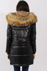 Long Black Quilted Coat with Faux Fur Hood Trim - Charlotte-Coats