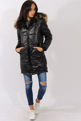 Long Black Quilted Coat with Faux Fur Hood Trim - Charlotte-Coats