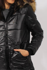 Long Black Quilted Coat with Faux Fur Hood Trim - Charlotte-Coats