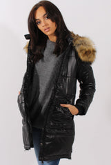 Long Black Quilted Coat with Faux Fur Hood Trim - Charlotte-Coats