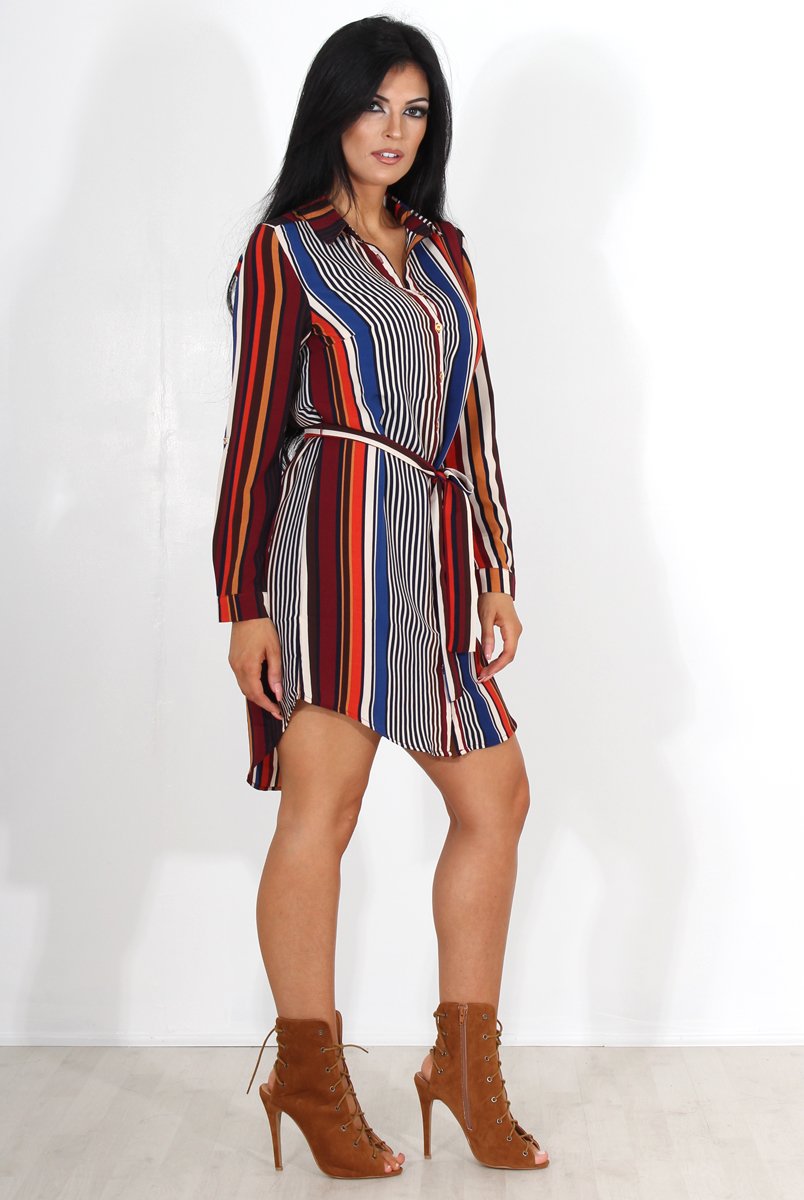 Lorda Wine Stripe Shirt Dress-Dresses