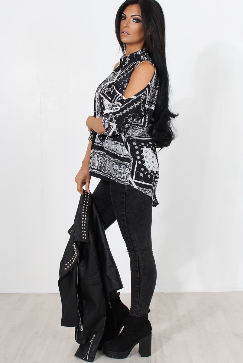 Lori Black Paisley Cold Shoulder Shirt-Shirts