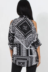 Lori Black Paisley Cold Shoulder Shirt-Shirts