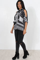 Lori Black Paisley Cold Shoulder Shirt-Shirts