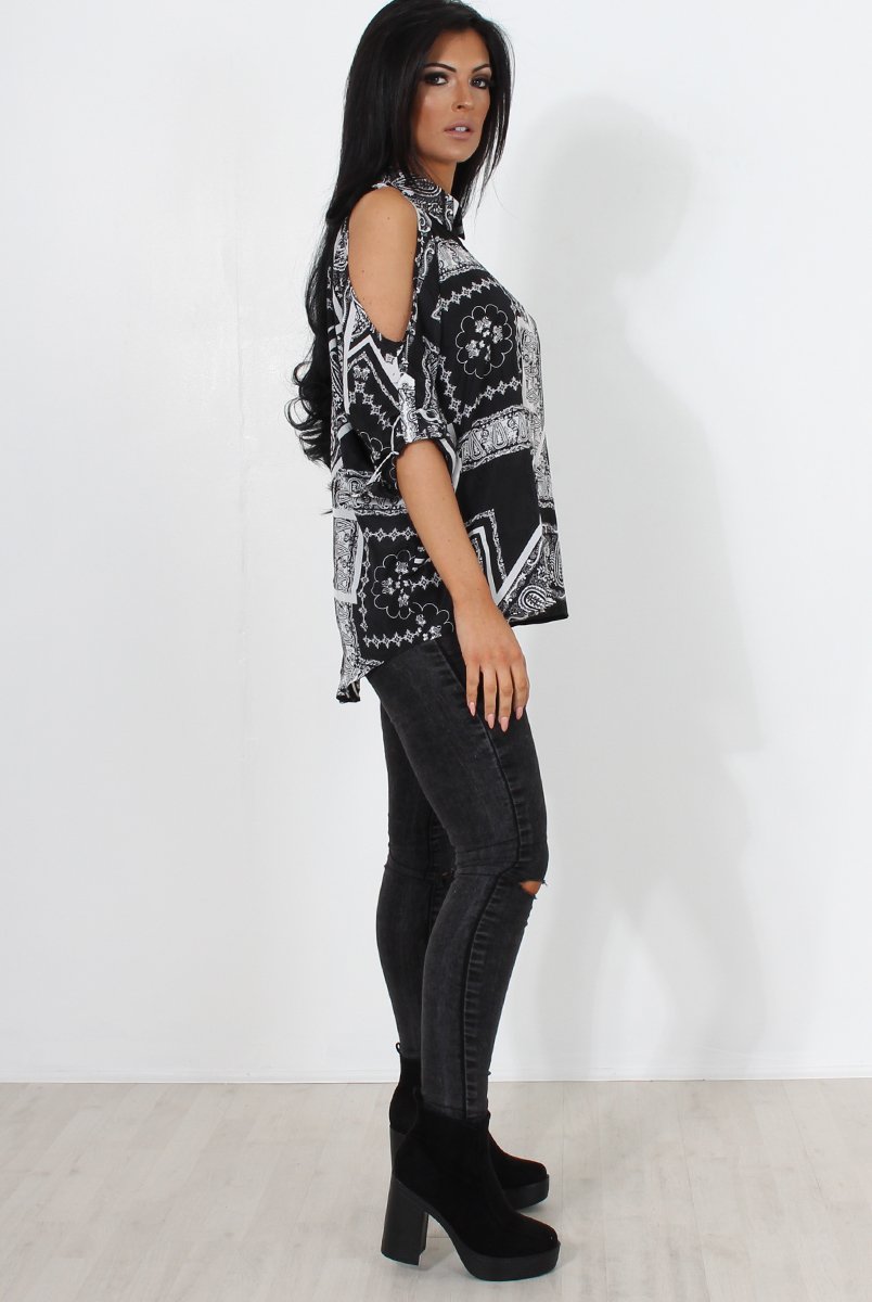 Lori Black Paisley Cold Shoulder Shirt-Shirts