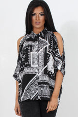 Lori Black Paisley Cold Shoulder Shirt-Shirts