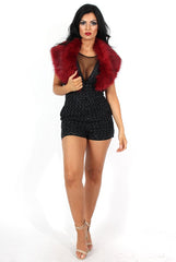 Lori Black Sequin V Neck Playsuit-Playsuits