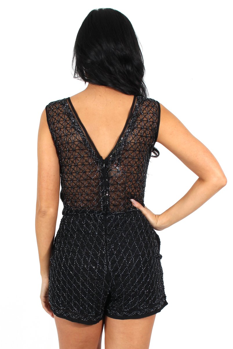 Lori Black Sequin V Neck Playsuit-Playsuits