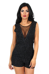 Lori Black Sequin V Neck Playsuit-Playsuits