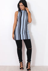 Lorina Blue Striped Side Split Top-Tops
