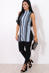 Lorina Blue Striped Side Split Top-Tops