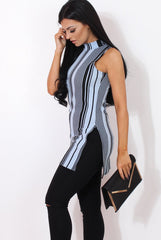 Lorina Blue Striped Side Split Top-Tops