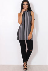 Lorina Grey Striped Side Split Top-Tops
