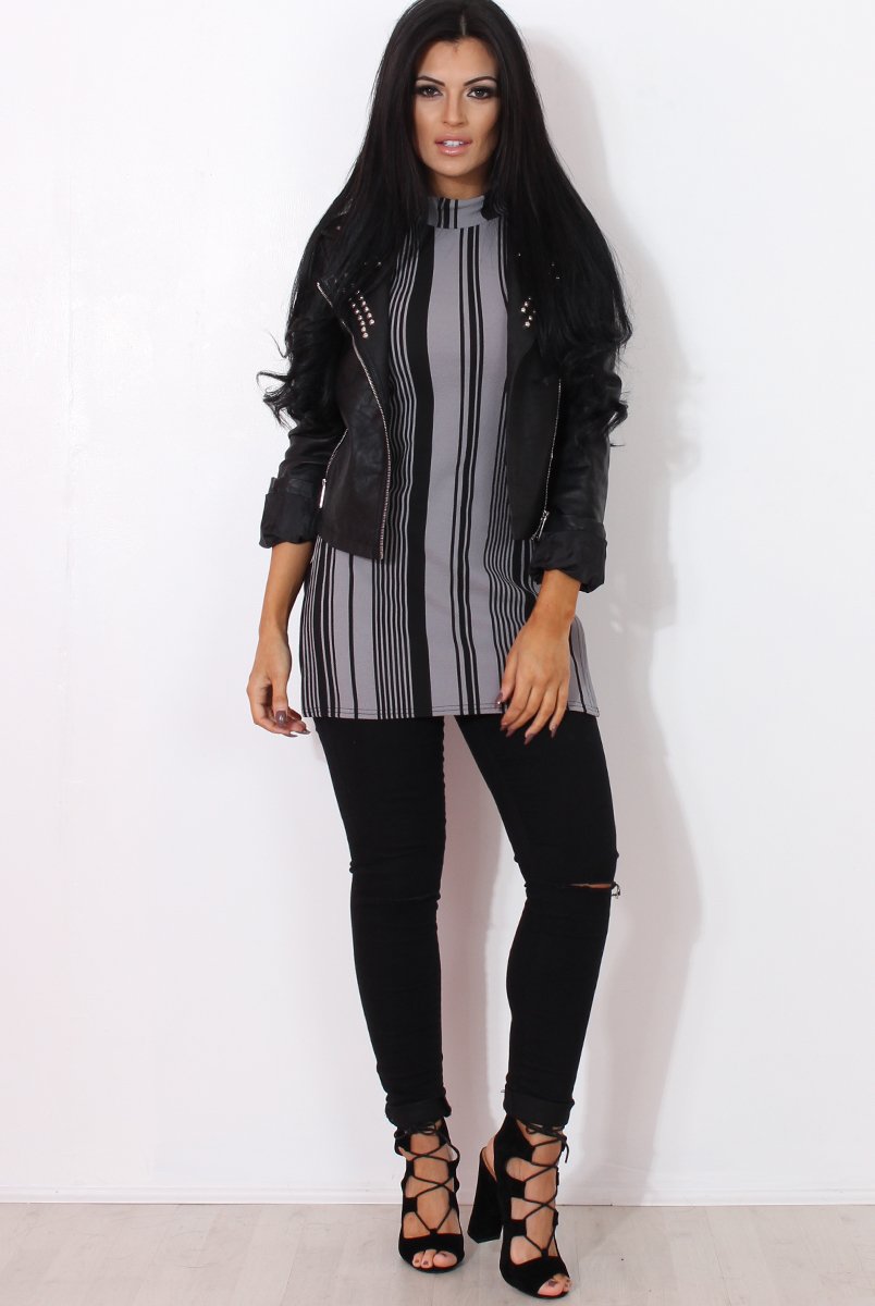 Lorina Grey Striped Side Split Top-Tops