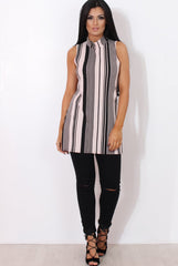 Lorina Pink Striped Side Split Top-Tops