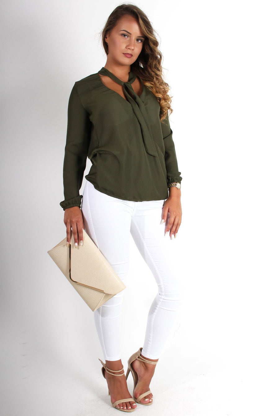 Lottie Khaki V Front Tie Neck Shirt-Shirts