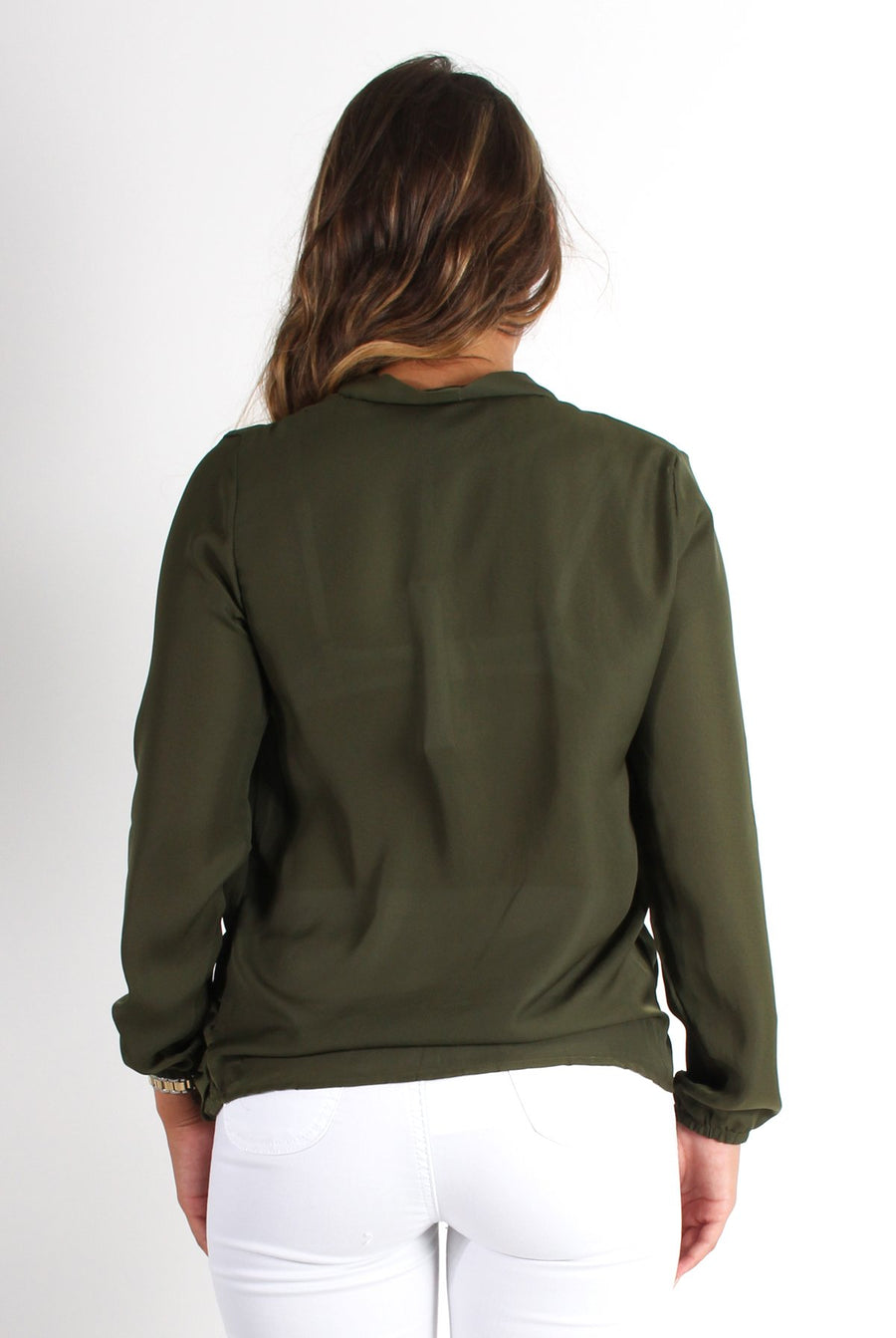 Lottie Khaki V Front Tie Neck Shirt-Shirts